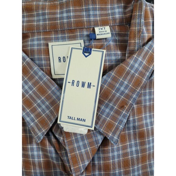 Rowm Mens Tall Plaid Button-Up Shirtsize 2XT Brown & Blue Long Sleeve - Picture 5 of 7